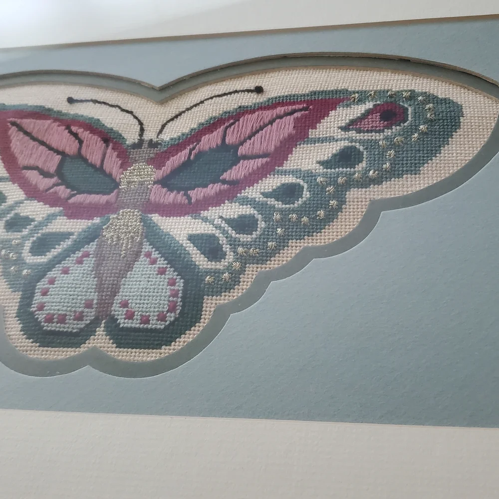 Butterfly Picture Handmade Vintage Embroidery Tapestry with Gold detail Framed
